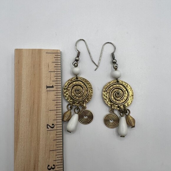 Vintage Pierced Earrings Gold Tone Embellished Disk with Beads Silver Tone Wire - Picture 6 of 6